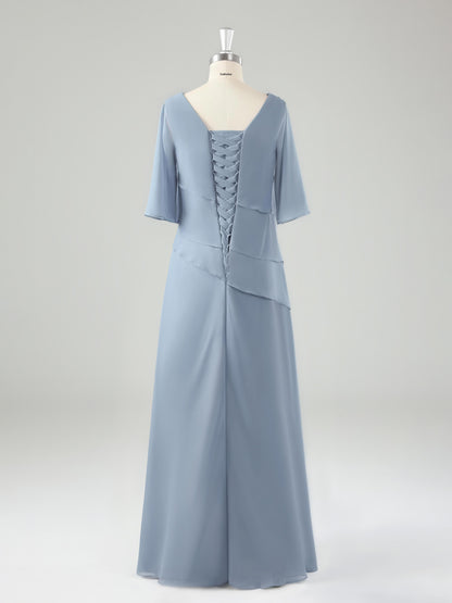 Mevia Chic Half Sleeves Tiered Long Mother of the Bride Dresses