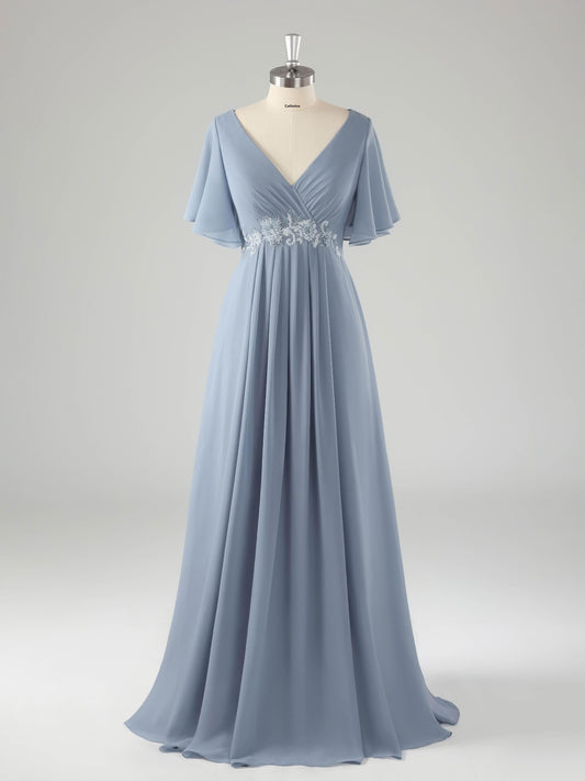 Minel Elegant Appliqued Long Chiffon Mother of the Bride Dresses