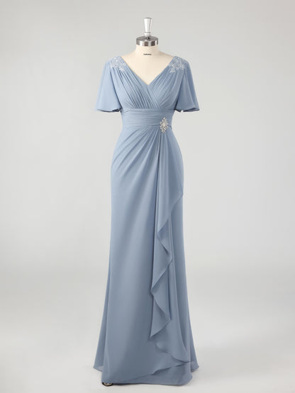 Mioni Elegant V-neck Lace Appliqued Chiffon Mother of the Bride Dresses