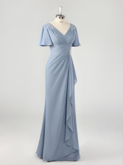 Mioni Elegant V-neck Lace Appliqued Chiffon Mother of the Bride Dresses