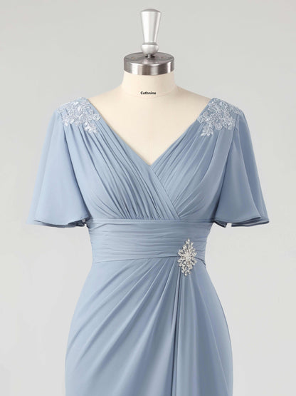 Mioni Elegant V-neck Lace Appliqued Chiffon Mother of the Bride Dresses