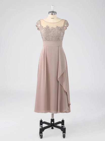 Murea Delicate Illusion Appliqued Tea Length Mother of the Bride Dresses