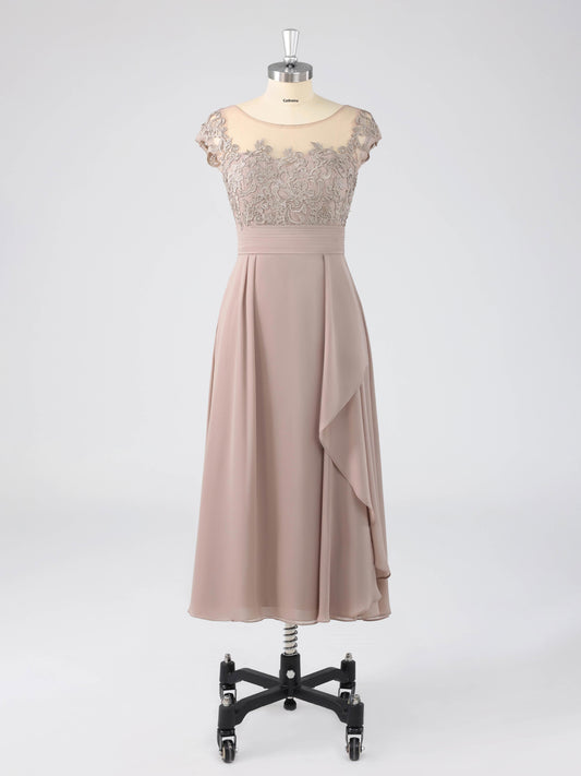 Murea Delicate Illusion Appliqued Tea Length Mother of the Bride Dresses