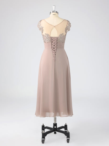 Murea Delicate Illusion Appliqued Tea Length Mother of the Bride Dresses