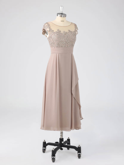 Murea Delicate Illusion Appliqued Tea Length Mother of the Bride Dresses