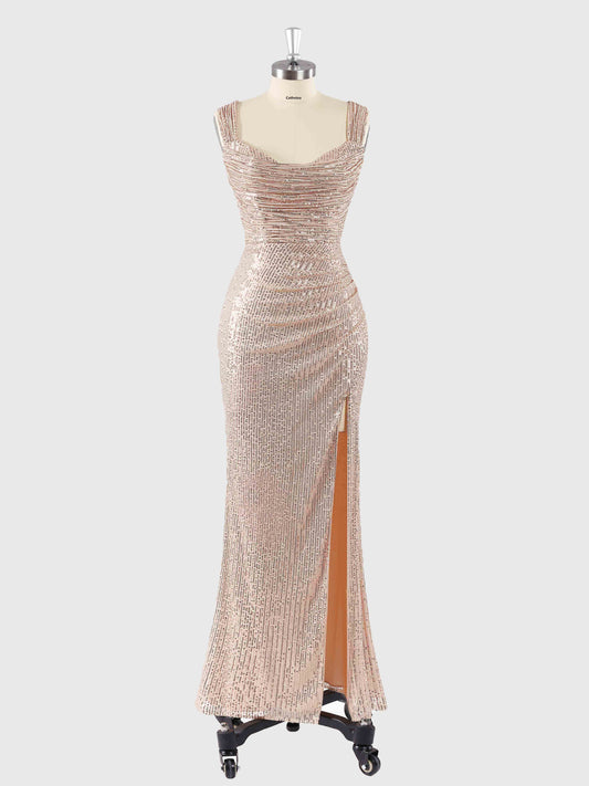 Venus Chic Square Neck Sequins Prom Dresses with Slit
