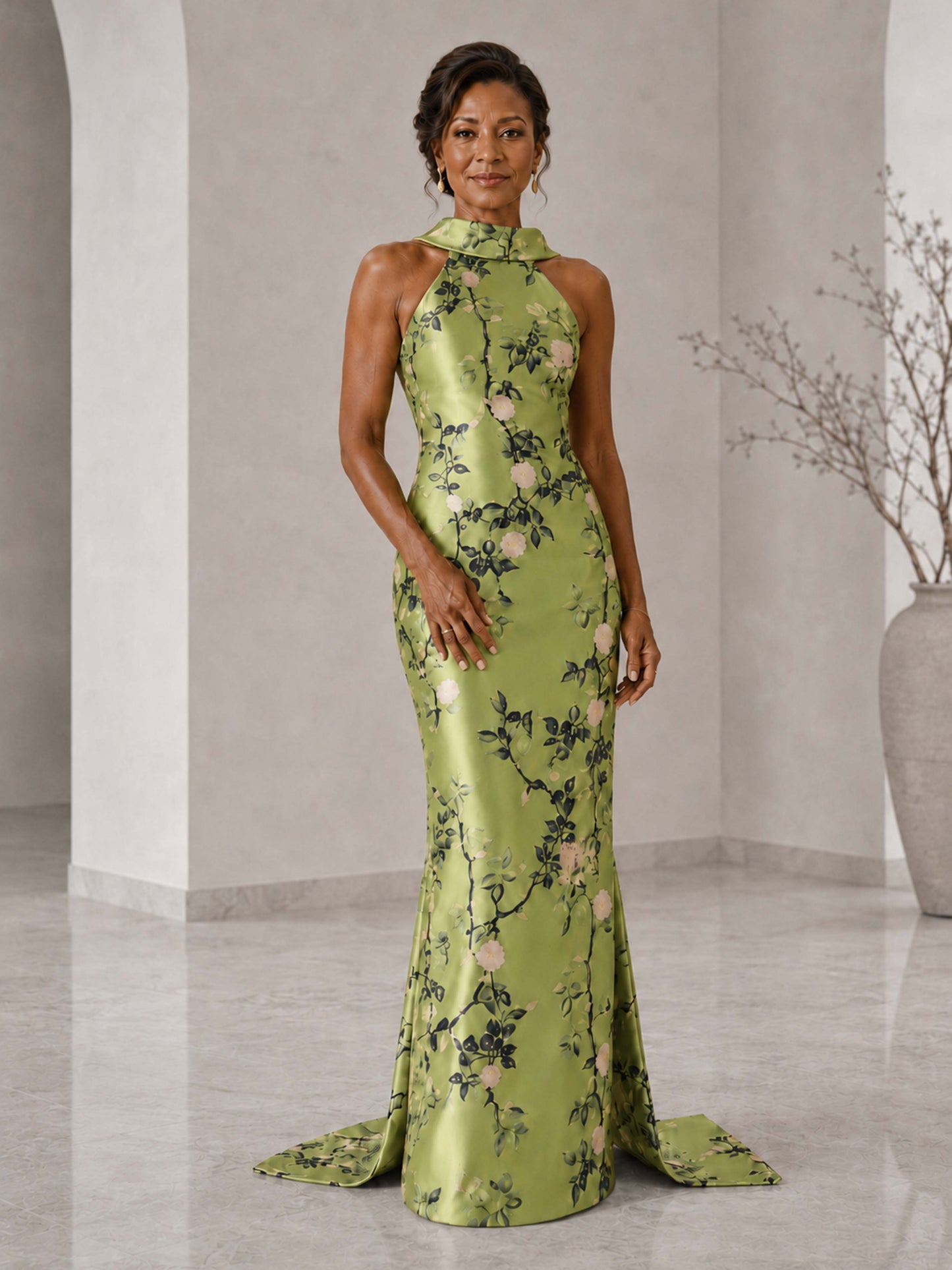 Marvella High Neck Floral Satin Bow Back Mother of the Bride Dress UK
