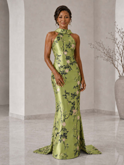 Marvella High Neck Floral Satin Bow Back Mother of the Bride Dress UK